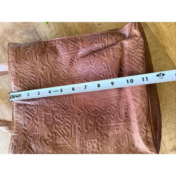 Hand Tooled Genuine Leather Tote Bag Brown Tribal Ethnic Boho Shoulder Purse - Picture 10 of 11